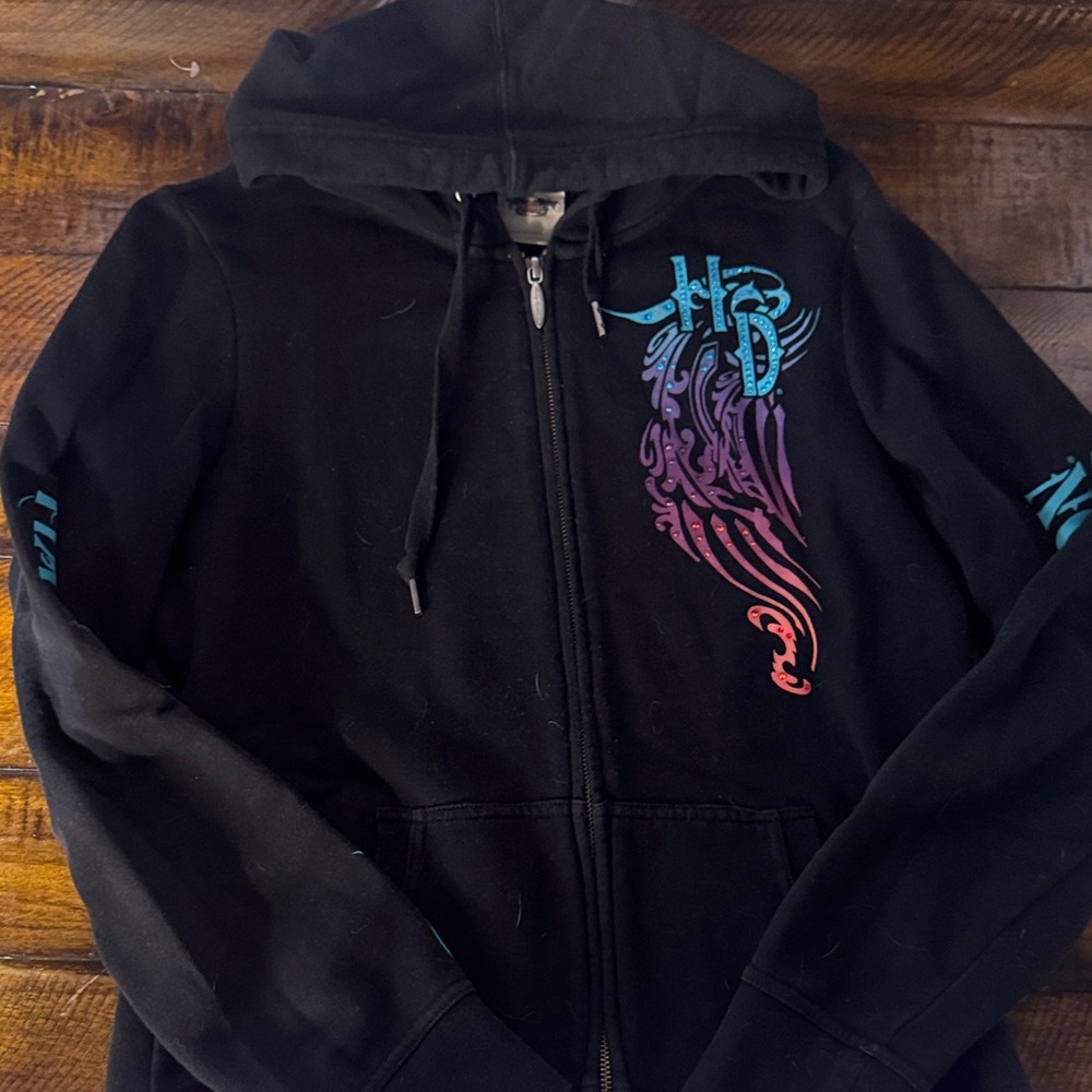 Harley-Davidson Black Hoodie with Blue and Purple Design